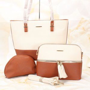 Womens Fashion Tote Crossbody Bag & Make-Up Pouch 3 Piece Set Medium Brown/Cream